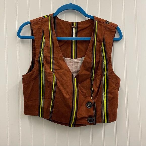 Free People 2 Pc Brown Stripe Sleeveless Top Three Button Mini Skirt Set Sz 10 - Picture 2 of 14